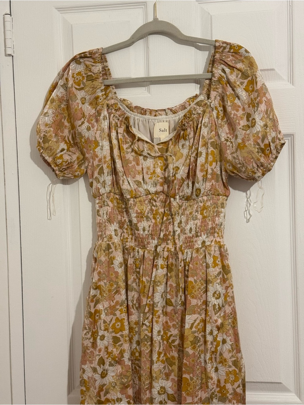 Roolee Cream and Yellow Floral Smocked Midi Dress with Puff Sleeves size Small - Picture 3 of 6